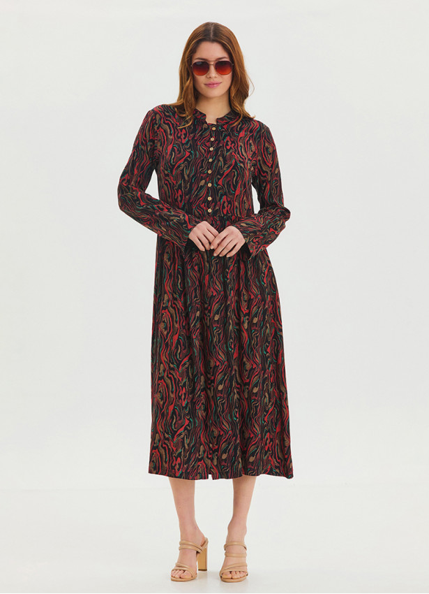 Black Long Sleeve Dress with Crew Neck Button Detail 4444